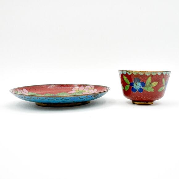Antique Chinese Cloisonne Cup And Plate Red w Blue Dogwood Pink Lotus Pattern - Picture 11 of 13